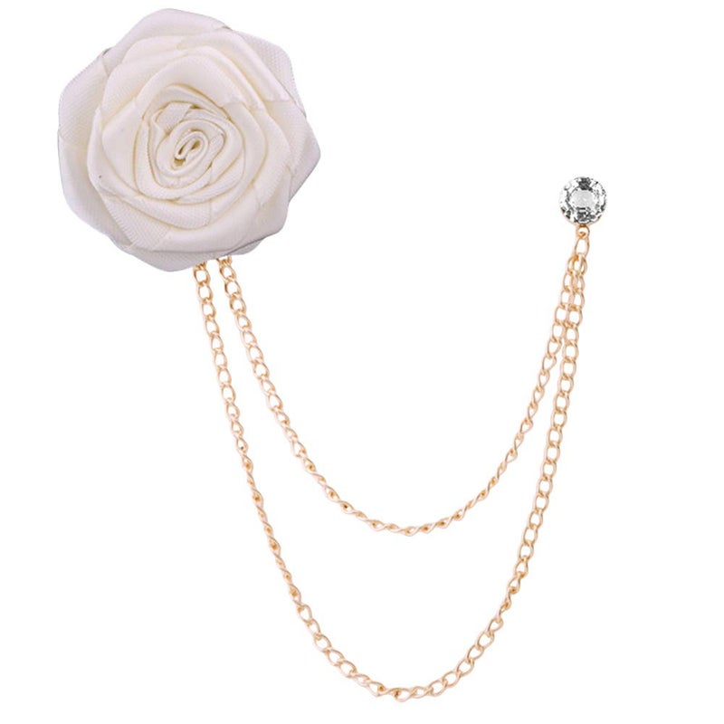 MXUHUI Fashion Bridegroom Wedding Brooches Cloth Art Hand-Made Rose Flower Brooch Lapel Pin Badge Tassel Chain Men's Suit Accessories (White) - Image 1