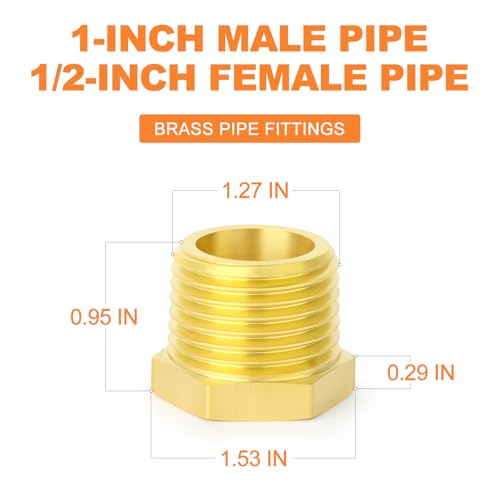 GASHER 5Pcs Brass Reducer Hex Bushing 1 NPT Male x 12 NPT Female Brass Threaded Pipe Fitting - Image 3