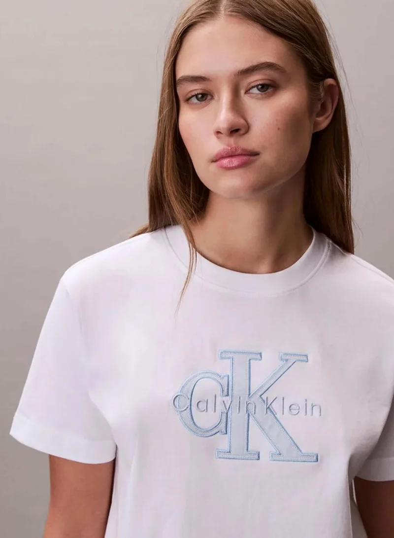 Calvin Klein Bright White Monogram Appliqué T-Shirt for Women | Best Price UAE
