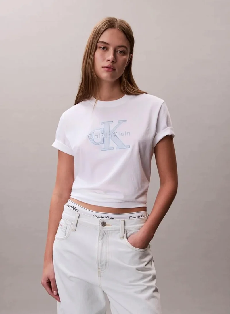 Calvin Klein Bright White Monogram Appliqué T-Shirt for Women | Best Price UAE