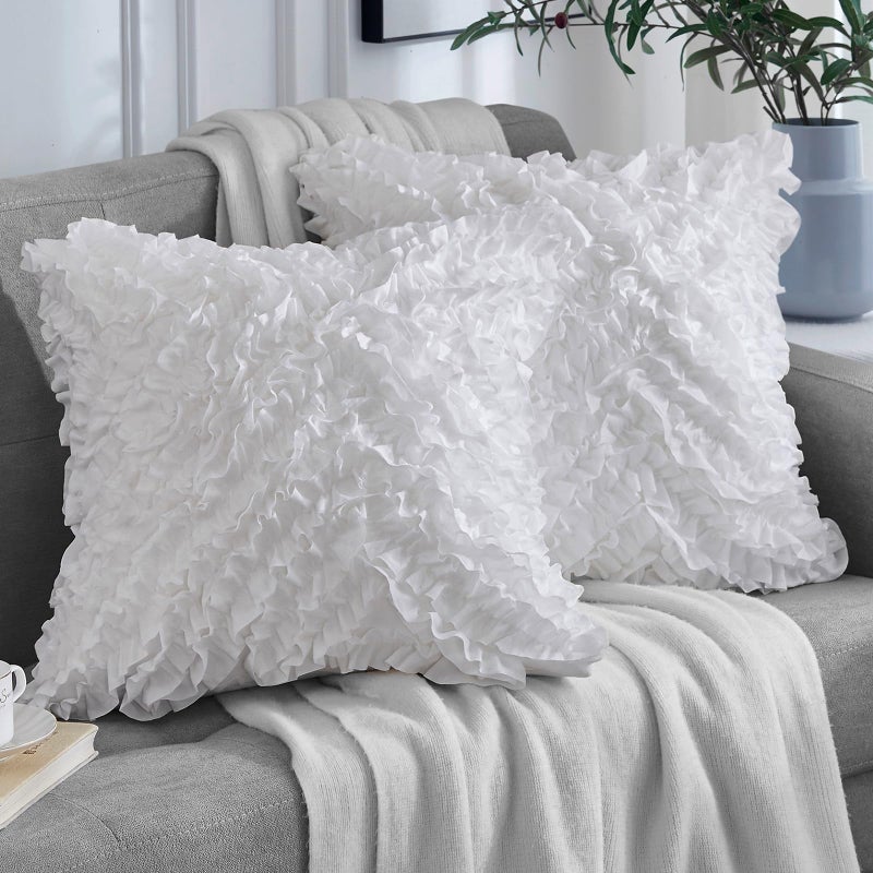 Leeden 18x18 Pillow Covers, Cushion Throw Pillow Cover Pillowcase Set of 2, Farmhouse Decorative Cushion case, 3D Design Handmade Pillowcase with Ruffles, White - Image 1