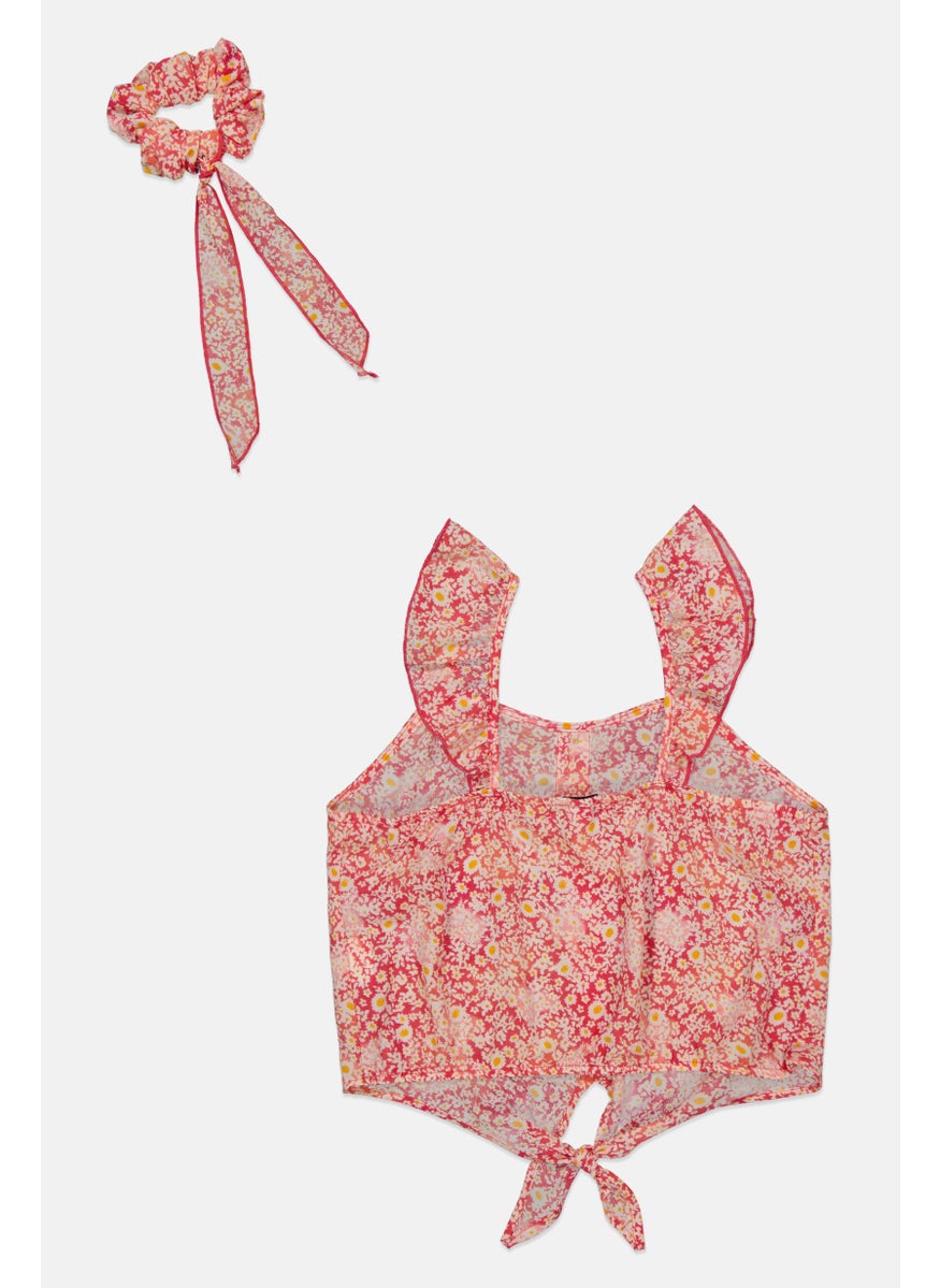 Speechless  - Kids Girl Floral Print Top With Scrunchies, Pink Combo - Image 1