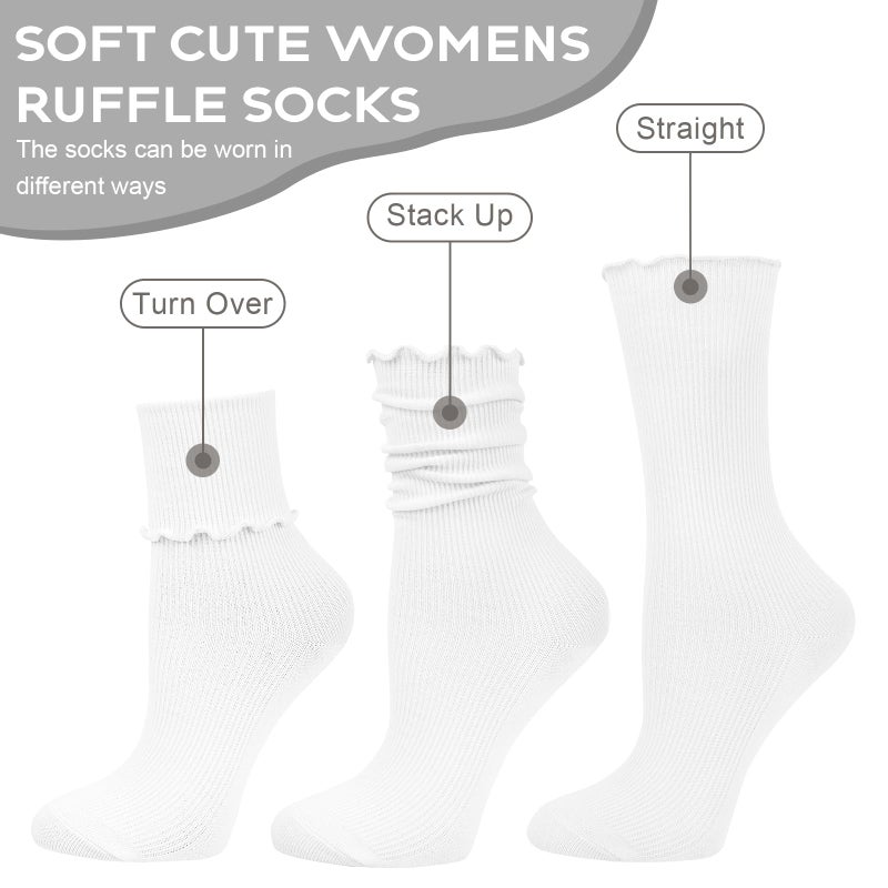 Justay 6 Pairs Ruffle Socks Soft Cute Frilly Turn-Cuff Long Casual Slouch Cotton Crew Socks for Women Gifts - Image 3