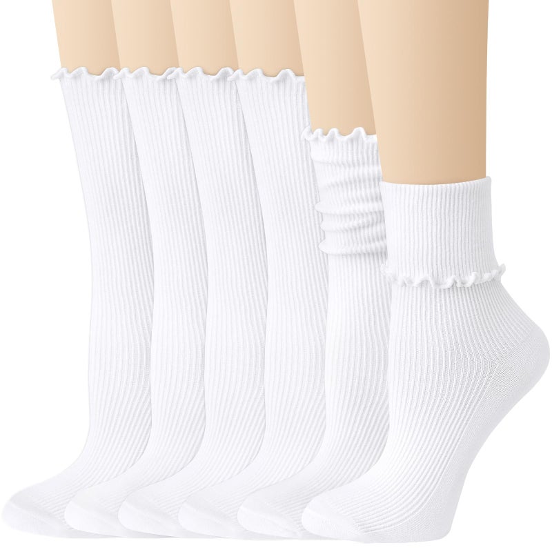 Justay 6 Pairs Ruffle Socks Soft Cute Frilly Turn-Cuff Long Casual Slouch Cotton Crew Socks for Women Gifts - Image 1