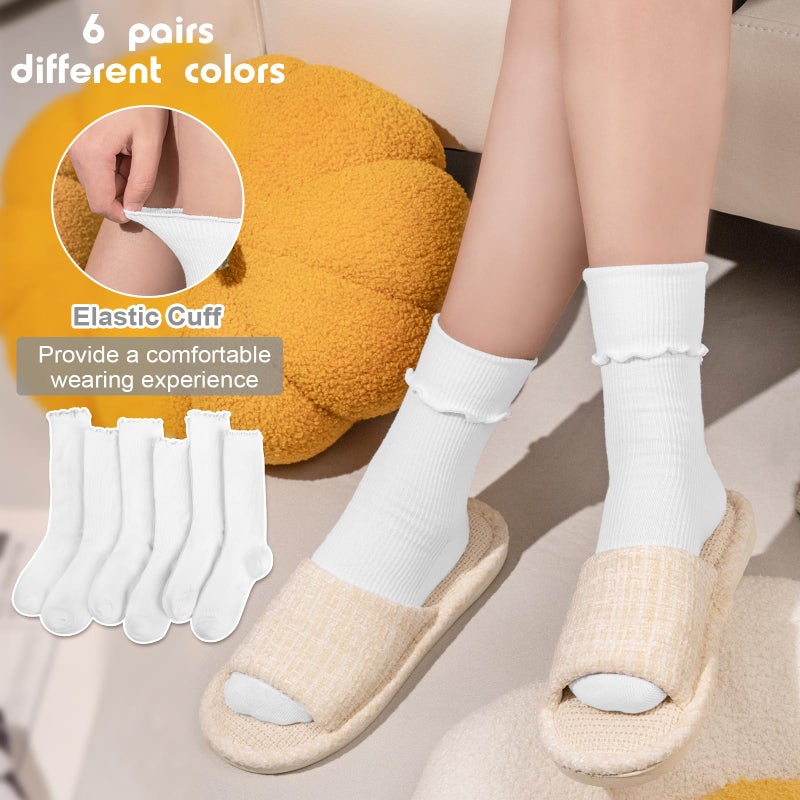 Justay 6 Pairs Ruffle Socks Soft Cute Frilly Turn-Cuff Long Casual Slouch Cotton Crew Socks for Women Gifts - Image 5