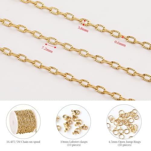 KYUNHOO 5 Meters Gold Plated Chain for Jewelry Making Embossed Paperclip Chains Bulk Oval Cable Chain Stainless Steel Jewelry Chain for Handcraft Making Support Jewelry Supplies - Image 2