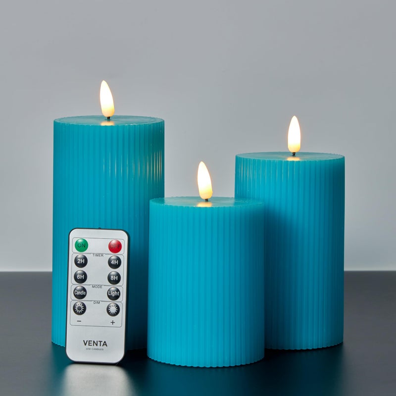 VENTA Turquoise Flameless Pillar Candles, Set of 3 (4" 5" 6") | Realistic Flickering Teal LED Candles with Remote & Timer | Perfect for Coastal, Boho & Modern Home Decor - Image 1