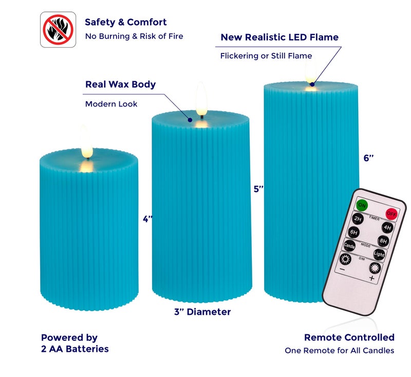VENTA Turquoise Flameless Pillar Candles, Set of 3 (4" 5" 6") | Realistic Flickering Teal LED Candles with Remote & Timer | Perfect for Coastal, Boho & Modern Home Decor - Image 2