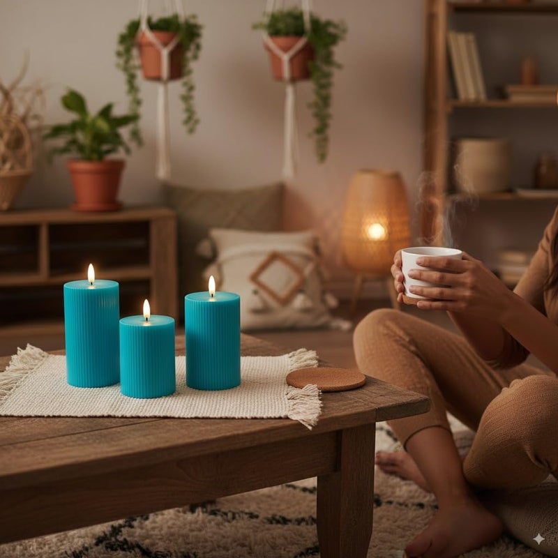 VENTA Turquoise Flameless Pillar Candles, Set of 3 (4" 5" 6") | Realistic Flickering Teal LED Candles with Remote & Timer | Perfect for Coastal, Boho & Modern Home Decor - Image 5