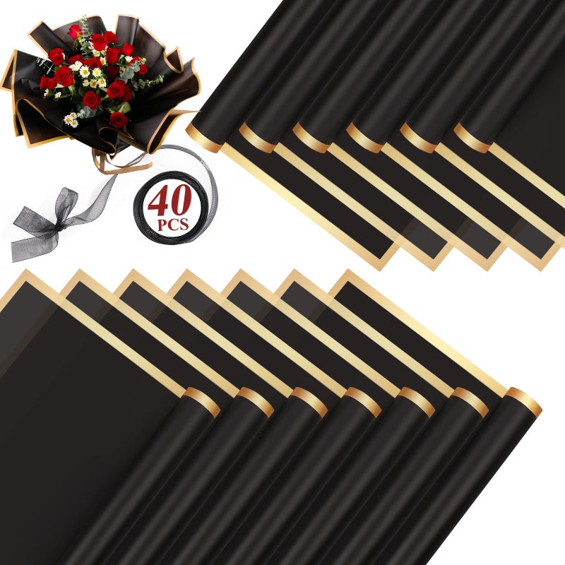 RowinsyDD 40 Sheets Black Flower Wrapping Paper, Waterproof Packaging Paper for Floral Bouquets, 22.8 x 22.8 inch Gift Packing Florist Supplies - Image 1