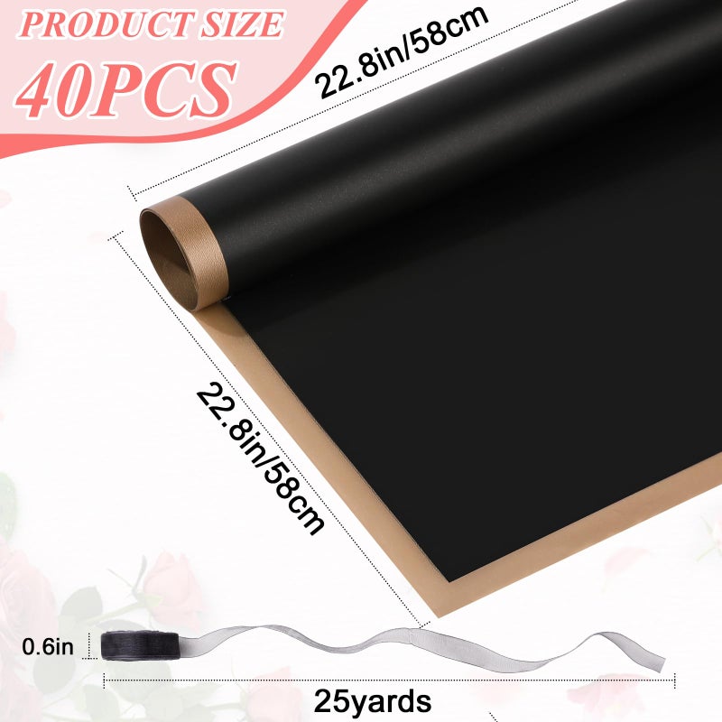 RowinsyDD 40 Sheets Black Flower Wrapping Paper, Waterproof Packaging Paper for Floral Bouquets, 22.8 x 22.8 inch Gift Packing Florist Supplies - Image 2