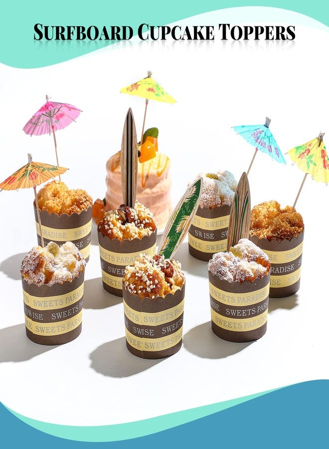 Leinuosen 96 Pcs Summer Beach Cake Decorations Included 48 Surfboard Cupcake Toppers and 48 Cocktail Umbrella Picks for Birthday Party Tropical Beach Cupcake Topper Party Supplies - Image 2