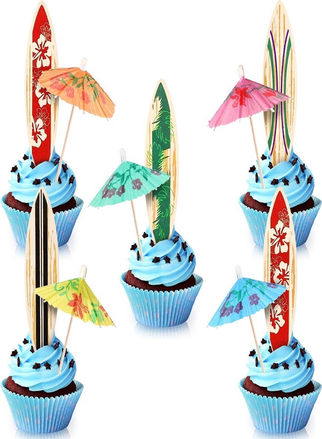 Leinuosen 96 Pcs Summer Beach Cake Decorations Included 48 Surfboard Cupcake Toppers and 48 Cocktail Umbrella Picks for Birthday Party Tropical Beach Cupcake Topper Party Supplies - Image 1