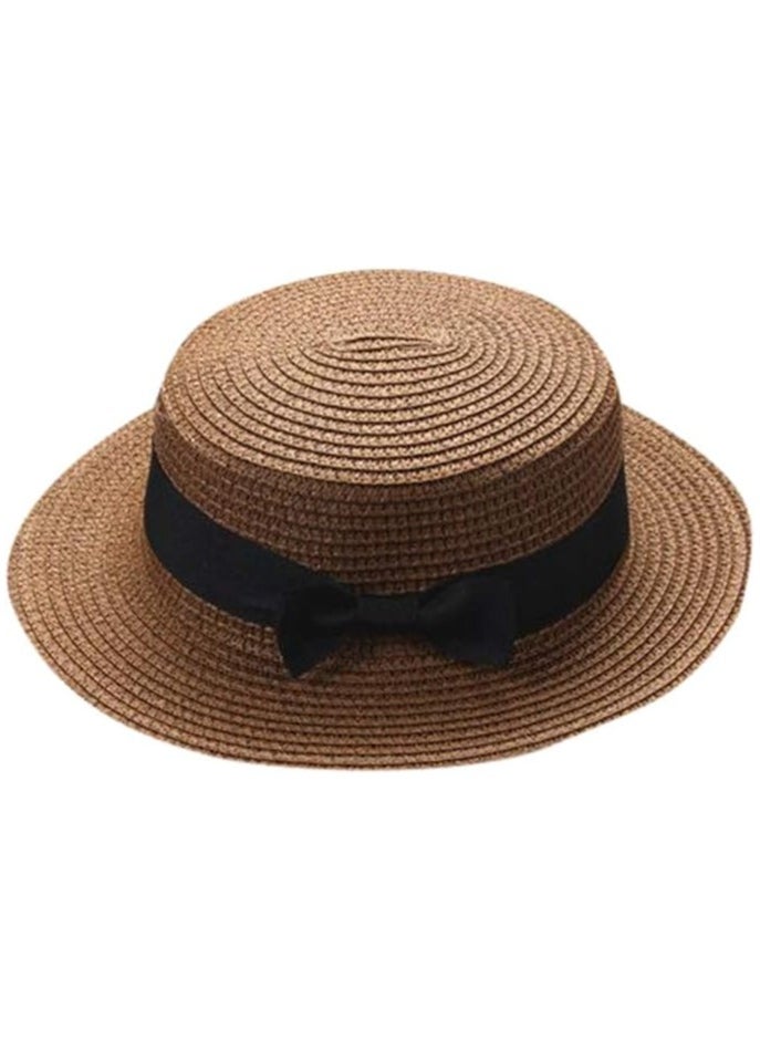 Vitacelli - Straw Sun Hat for Women, Girls Cute Summer Beach Cap Foldable Visor Floppy Wide Brim with Bowknot BROWN - Image 1