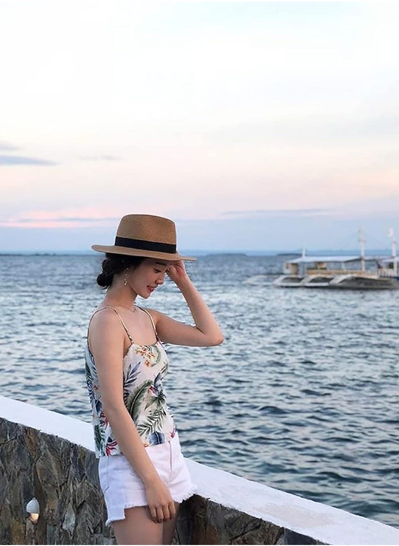 Vitacelli - Straw Sun Hat for Women, Girls Cute Summer Beach Cap Foldable Visor Floppy Wide Brim with Bowknot BROWN - Image 1