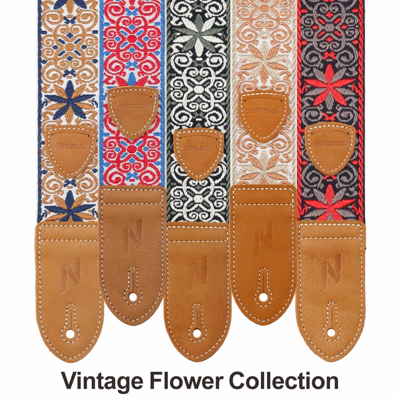 Nefelibata Guitar Strap,Double leather ends,Vintage Woven W/FREE BONUS-4 Picks+Strap Locks+Strap Button,Best Gift For Bass,Electric&Acoustic Guitars for Guitar(Vintage khaki yellow embroidery) - Image 4
