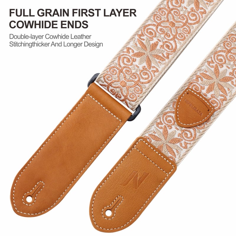 Nefelibata Guitar Strap,Double leather ends,Vintage Woven W/FREE BONUS-4 Picks+Strap Locks+Strap Button,Best Gift For Bass,Electric&Acoustic Guitars for Guitar(Vintage khaki yellow embroidery) - Image 3