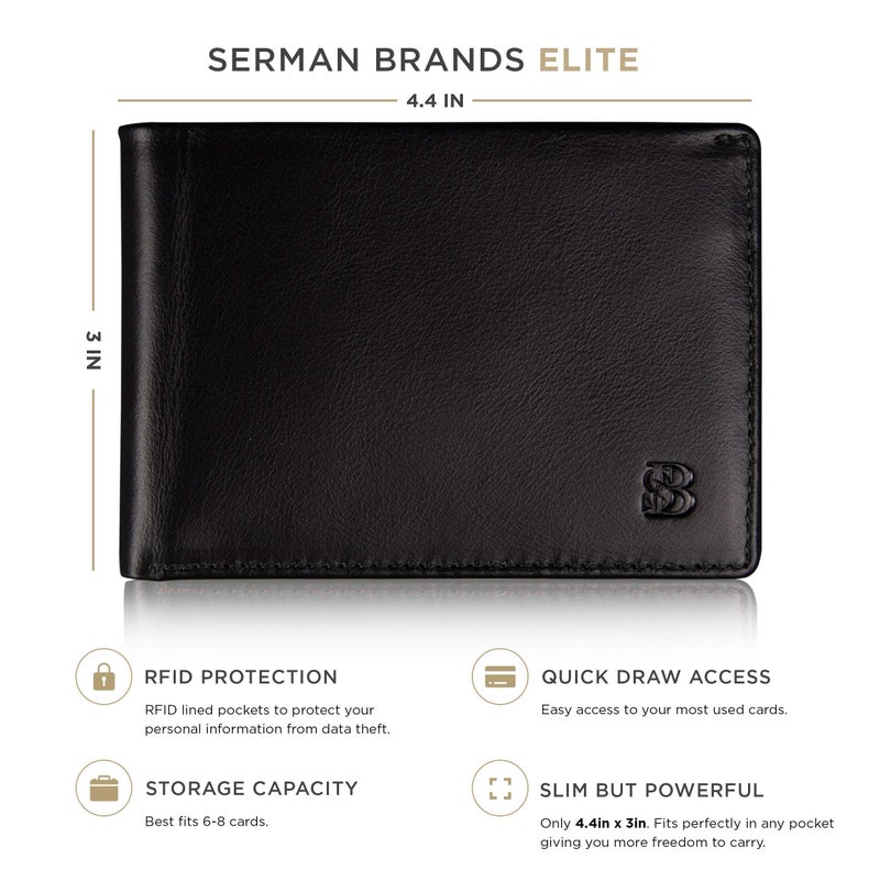 SERMAN BRANDS Mens Slim Bifold Wallet RFID Blocking Minimalist Front Pocket Full Grain Leather Wallets for Men - Thin & Stylish (Jet Black Elite) - Image 2