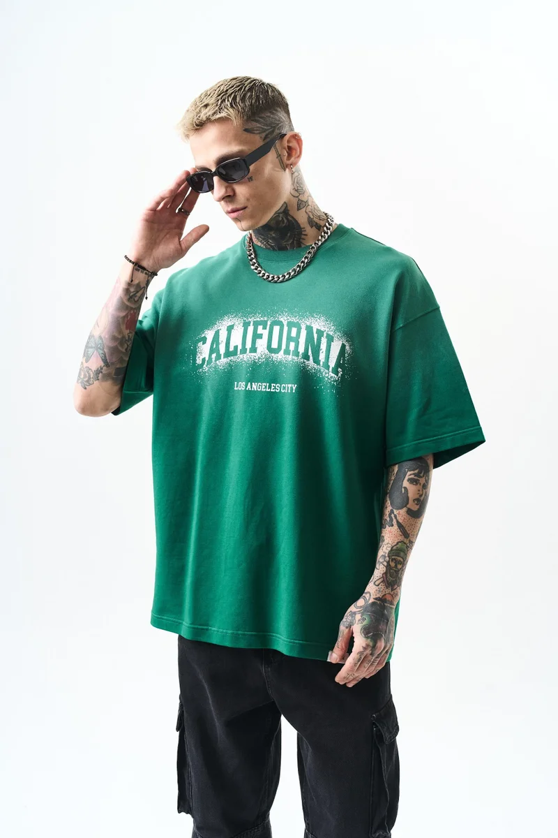 RESPIRE Men's California Print Oversize T-Shirt, Olive Green (Nefti)