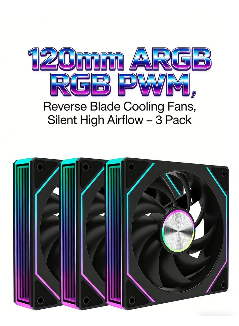 باور مجموعة من 3 مراوح تبريد لجهاز الكمبيوتر مقاس 120 مم بتقنية ARGB RGB PWM وشفرات معكوسة - مراوح هادئة عالية تدفق الهواء للهيكل والمبردات مع مزامنة 5 فولت ثلاثية الأطراف. - Image 1