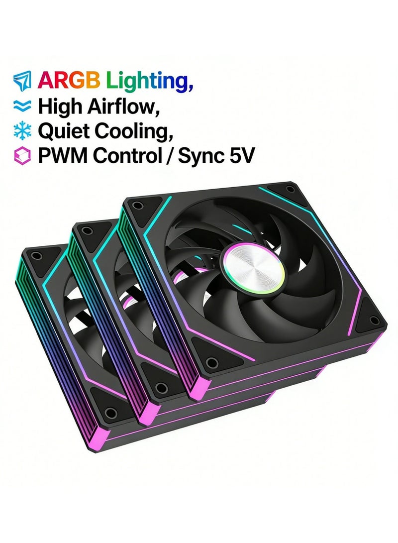 باور مجموعة من 3 مراوح تبريد لجهاز الكمبيوتر مقاس 120 مم بتقنية ARGB RGB PWM وشفرات معكوسة - مراوح هادئة عالية تدفق الهواء للهيكل والمبردات مع مزامنة 5 فولت ثلاثية الأطراف. - Image 2
