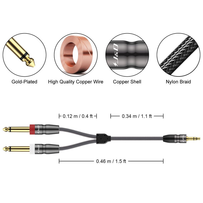 J&D 3.5mm to Dual 1/4 inch Stereo Splitter Y Cable, 3.5mm 1/8 inch TRS Stereo Male to Dual 1/4 inch 6.35mm Mono Male Y-Splitter Cable for Phone/Amplifiers/Mixer Audio Recorder, 1.5 Feet - Image 2
