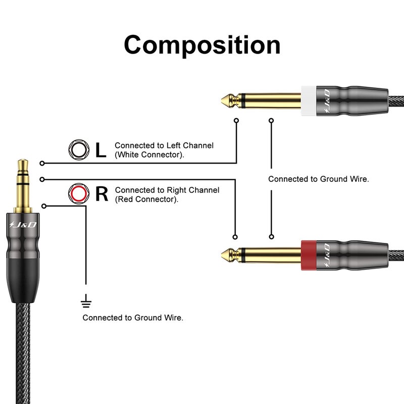 J&D 3.5mm to Dual 1/4 inch Stereo Splitter Y Cable, 3.5mm 1/8 inch TRS Stereo Male to Dual 1/4 inch 6.35mm Mono Male Y-Splitter Cable for Phone/Amplifiers/Mixer Audio Recorder, 1.5 Feet - Image 3