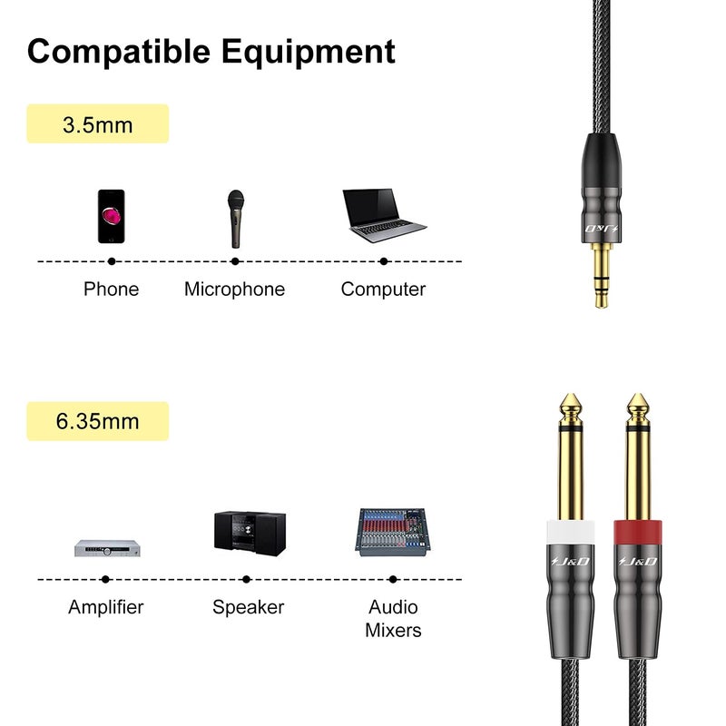 J&D 3.5mm to Dual 1/4 inch Stereo Splitter Y Cable, 3.5mm 1/8 inch TRS Stereo Male to Dual 1/4 inch 6.35mm Mono Male Y-Splitter Cable for Phone/Amplifiers/Mixer Audio Recorder, 1.5 Feet - Image 4