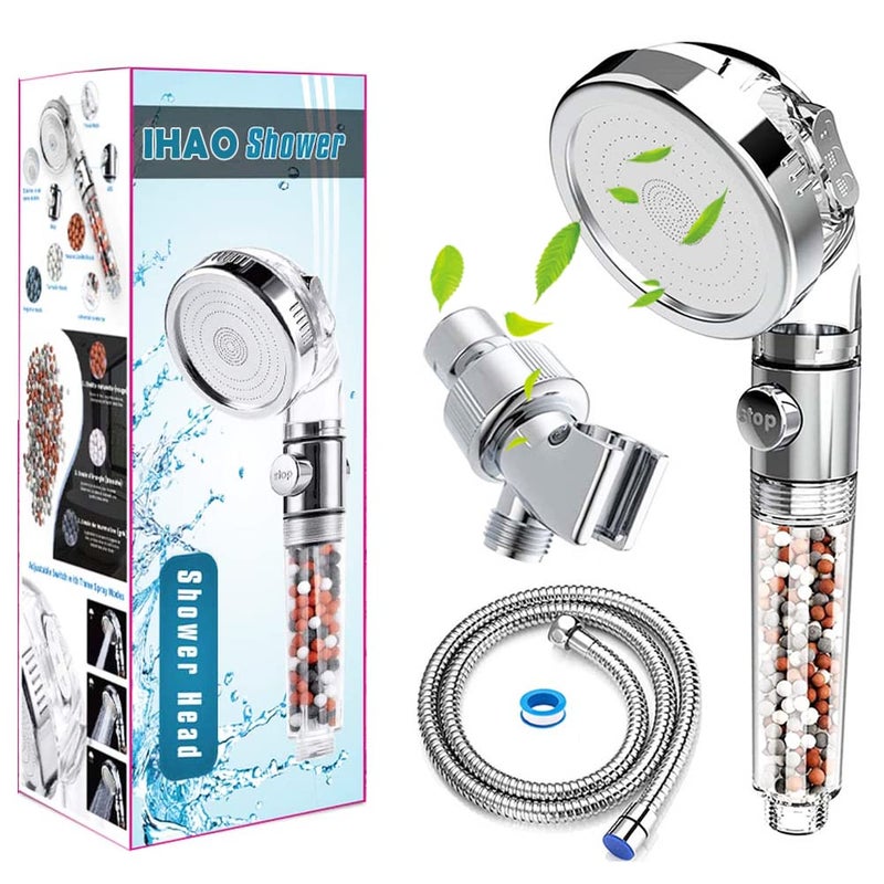 IHAO Filter Showerhead with Bracket Metal Hose High Pressure Handheld Shower Purifying Hard Water Softener Chlorine Flouride Filter Multi Modes Changeable Shower head Fresh Dry Skin Hair Loss - Image 2