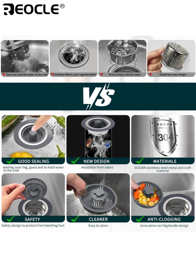 ريوكل الفولاذ المقاوم للصدأ بالوعة المطبخ مصفاة تصريف وسدادة مجموعة منبثقة مضادة للانسداد مرشح سلة سهلة التنظيف مانعة للتسرب دائم مثالية لأحواض المطبخ المنزلية - Image 3