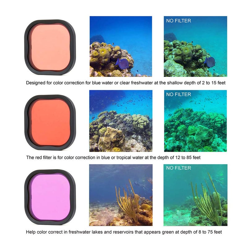 SOONSUN 3-Pack Dive Filter for GoPro Hero 8 9 10 11 12 13 Black Official Waterproof Housing Case - Red, Light Red, Magenta Filters - Color Correction for Underwater Video and Photography - Image 5