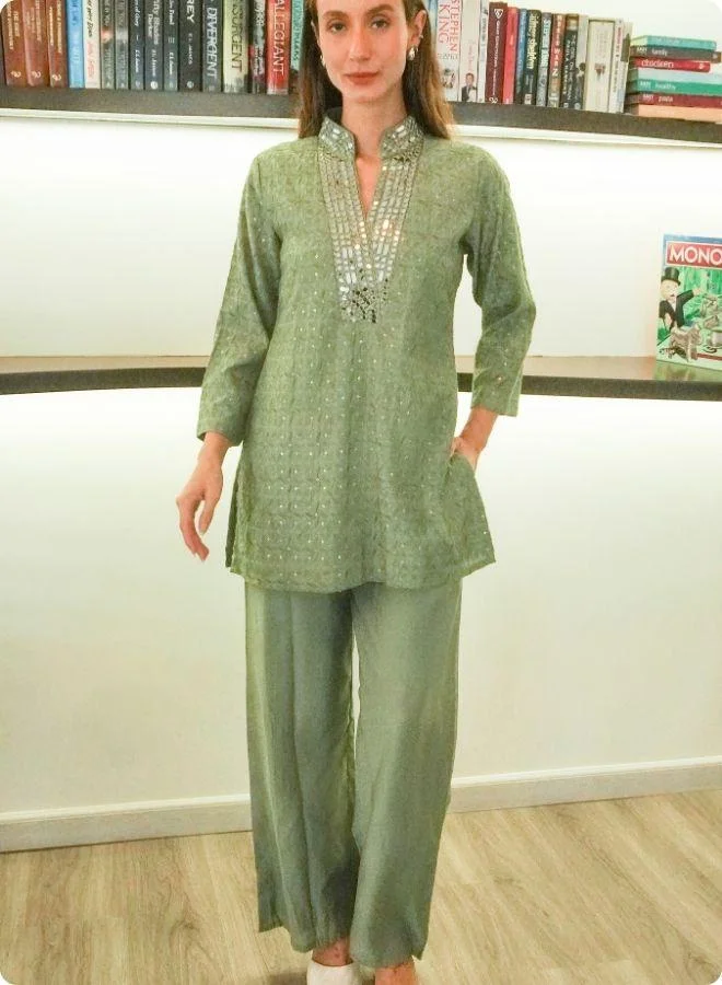 #Be Mehndi Green Mirror Work Co-Ord Set