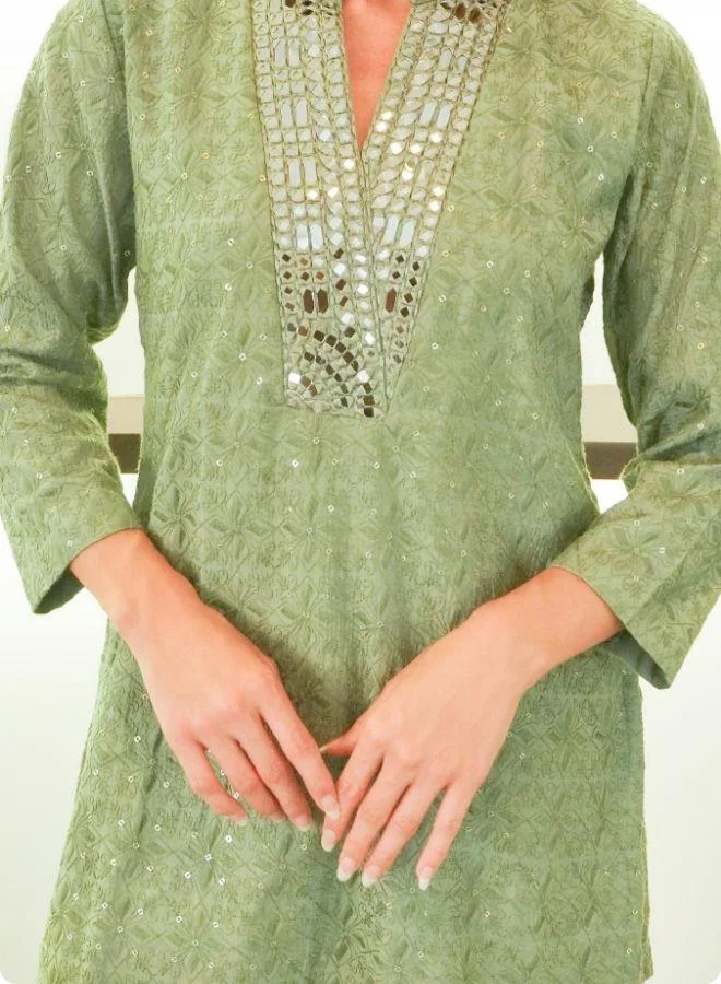#Be Mehndi Green Mirror Work Co-Ord Set