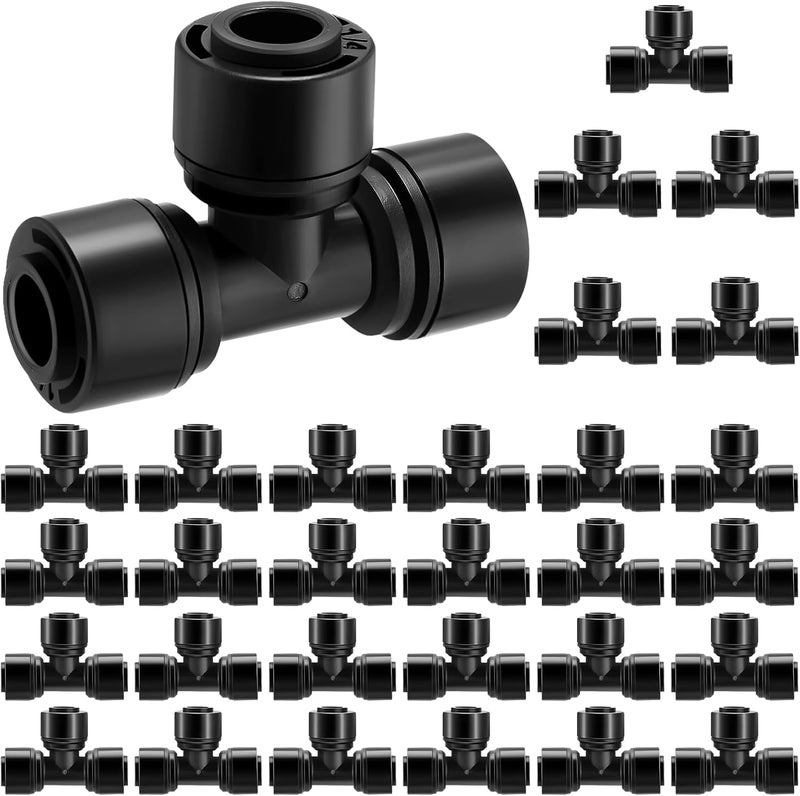 Glooglitter 30 Pcs 1/4" Drip Irrigation Tee Connectors for Drip Tube Quick Connect Drip Irrigation Parts Fittings for 1/4 Inch(6.35mm) Irrigation Tubing Drip or Sprinkler (Black,Tee Connector) - Image 1