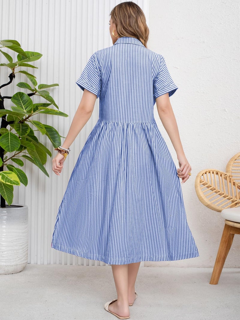 ebossy Women's Boho Striped Shirt Dress Button Up Side Slit Loose Mid Long Cotton Dress with Pockets (S, Blue) - Image 5
