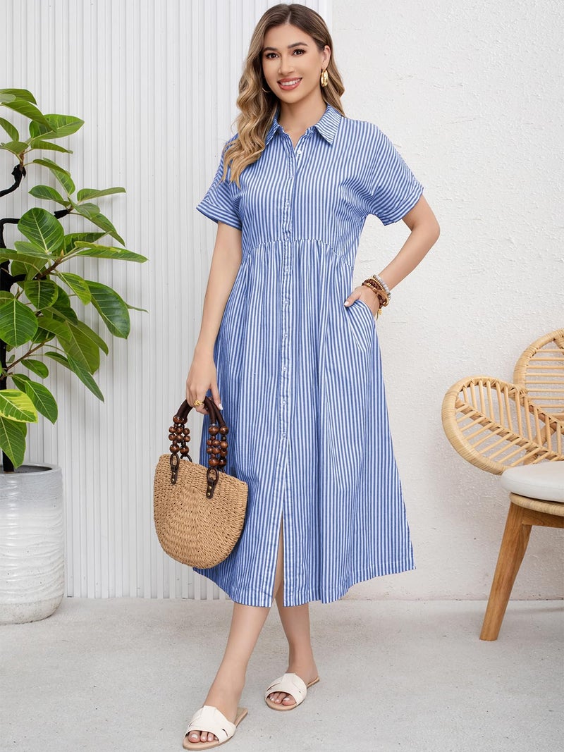 ebossy Women's Boho Striped Shirt Dress Button Up Side Slit Loose Mid Long Cotton Dress with Pockets (S, Blue) - Image 3