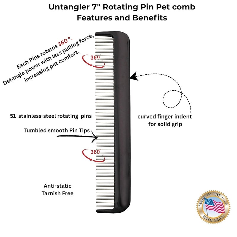 Untangler Pet comb for easy mat removal - silky smooth rotating teeth untangles without causing pain to pets (7" Onyx Black) - Image 4