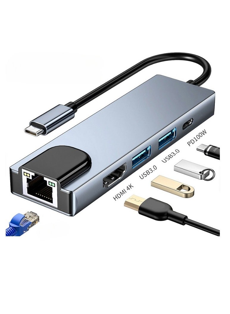 AROAQ Type C To HD Multimedia Interface Adapter, Portable Multiport USB C Hub, Durable Fast Transfer 5-in-1 Type C Adapter, (Five-in-one HDMI4k+USB3.0*2+PD100W+Gigabit network port) - Image 1