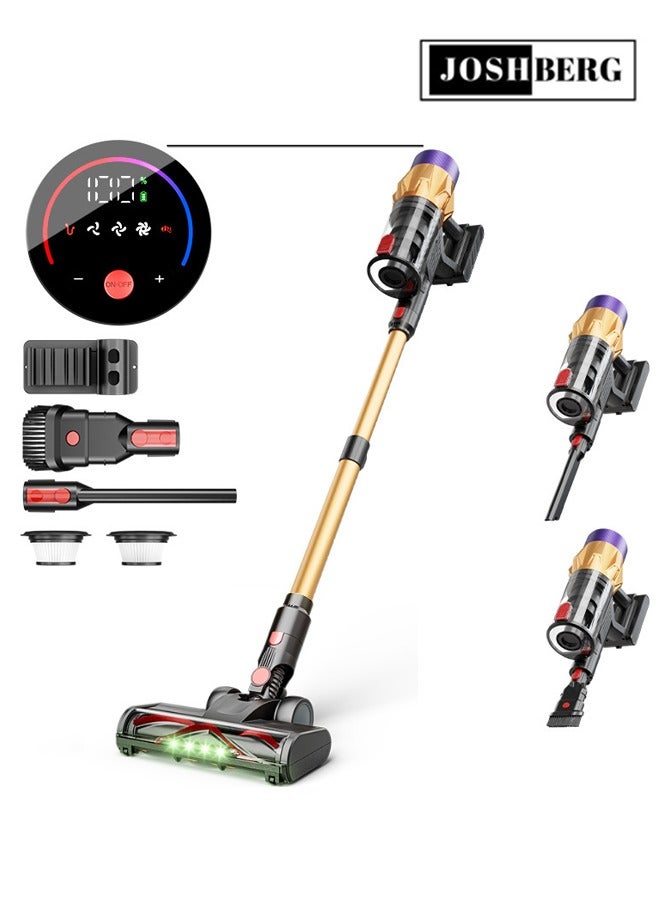 جوشبيرغ مكنسة لاسلكية V18، مكنسة كهربائية قوية 6 في 1 بقوة 28 كيلو باسكال/550 وات، وقت تشغيل 40 دقيقة، مكنسة خفيفة الوزن بمحرك بدون فرشاة، 3 أوضاع طاقة وشاشة LED، للأرضيات الخشبية والسجاد وشعر الحيوانات الأليفة، لون ذهبي - Image 1