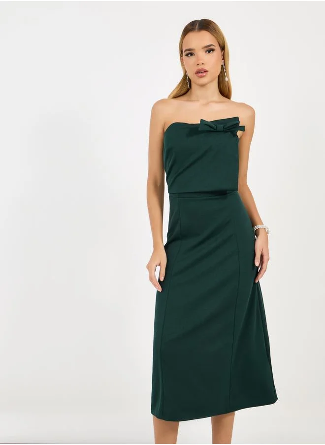 Styli Bardot Neck A-Line Midi Dress with Bow Detail