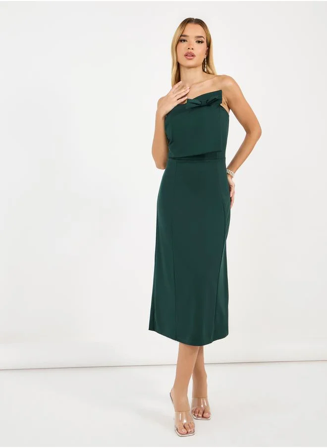 Styli Bardot Neck A-Line Midi Dress with Bow Detail