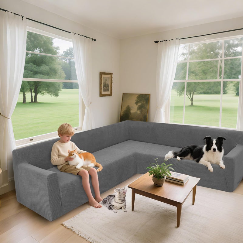 Arfntevss Stretch Sectional Couch Covers L Shaped Corner Sectional Sofa Cover Washable Jacquard Soft Fleece U Shape Sofa Slipcovers Anti Slip Furniture Protector for Dogs Pets (X-Large, Gray) - Image 2