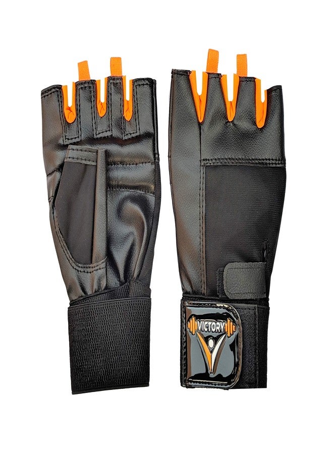 VICTORY Gym Gloves for Men & Women, Leather Weight Lifting Gloves for Gym Workout, Training and Exercise with Pullers, Sport Glove, Fitness Gloves, Hand Gloves - Free Size, Orange - Image 2
