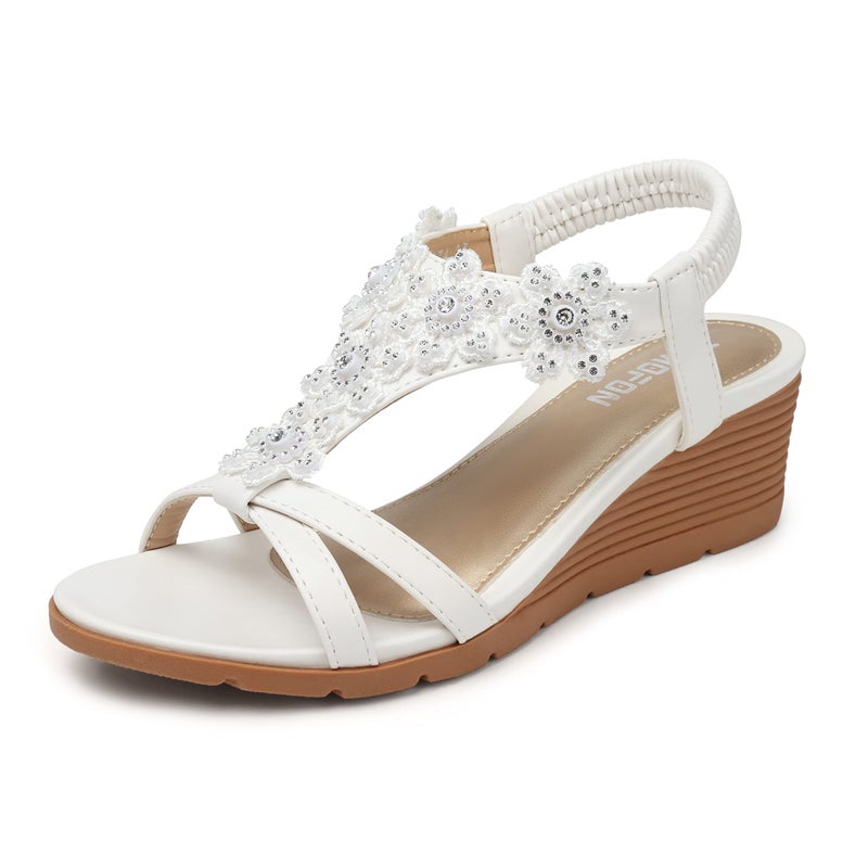 TEMOFON Women's Low Wedge Heels Summer Dressy Platform Sandals Elastic Ankle Strap Open Toe Flower Shoes White Size 7 - Image 1