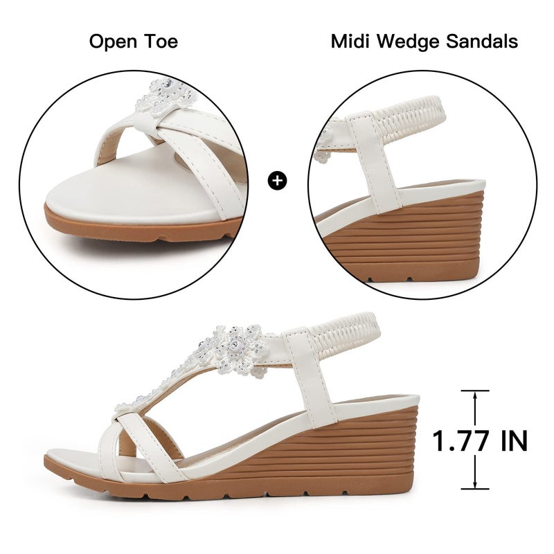 TEMOFON Women's Low Wedge Heels Summer Dressy Platform Sandals Elastic Ankle Strap Open Toe Flower Shoes White Size 7 - Image 5