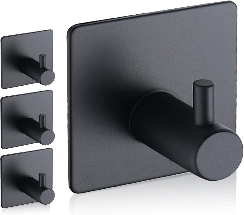 Adhesive Hooks, Waterproof Adhesive Shower Hanger Hooks for Hanging Loofah, Sponge, Towels, Robes Stainless Steel Stick on Shower Hooks for Bathrom Black Removable Sticky Wall Hooks 4 Pcs - Image 1