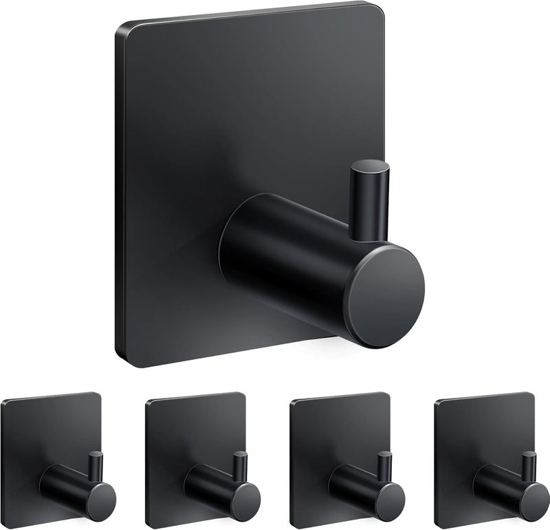 Adhesive Hooks, Waterproof Adhesive Shower Hanger Hooks for Hanging Loofah, Sponge, Towels, Robes Stainless Steel Stick on Shower Hooks for Bathrom Black Removable Sticky Wall Hooks 4 Pcs - Image 2