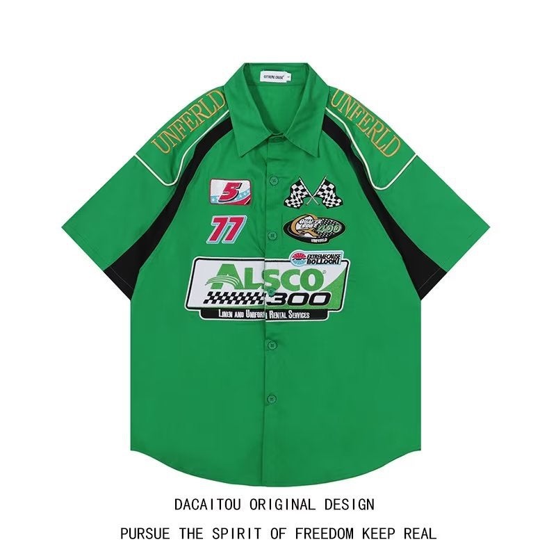 Generic American Style Retro hiphop Fried Street Racing Suit Shirt Mens Short-sleeved Summer Loose ins Trendy Brand Motorcycle Thin Shirt Green  - Image 5