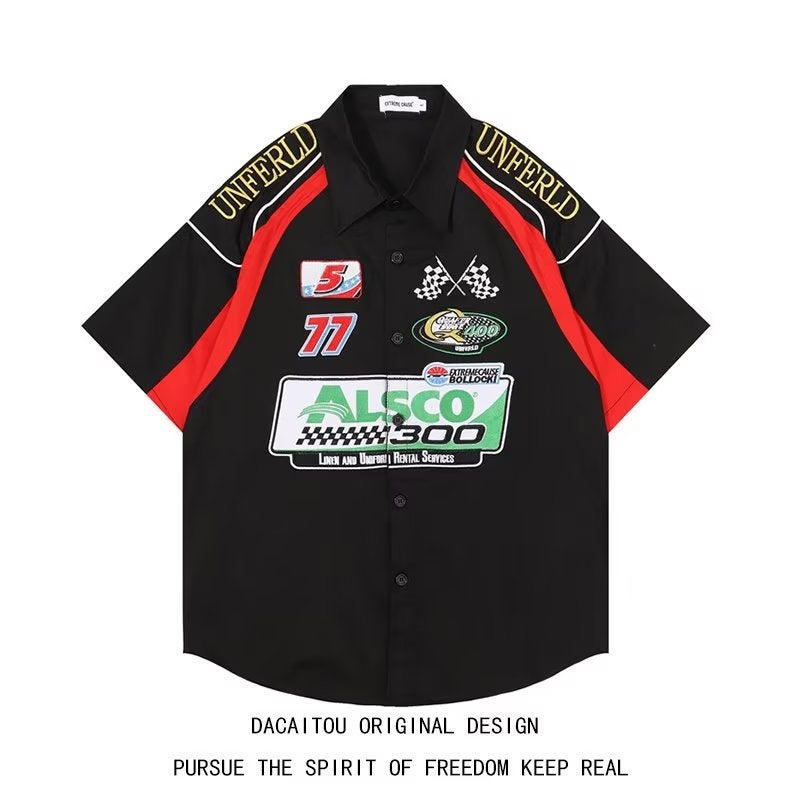 Generic American Style Retro hiphop Fried Street Racing Suit Shirt Mens Short-sleeved Summer Loose ins Trendy Brand Motorcycle Thin Shirt Green  - Image 4