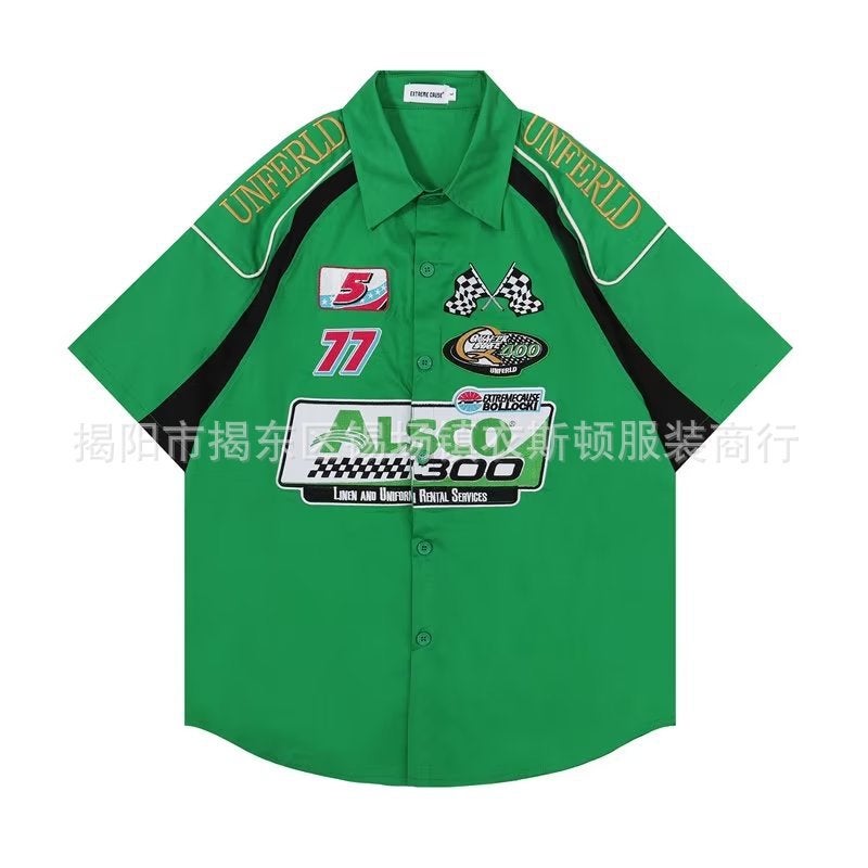 Generic American Style Retro hiphop Fried Street Racing Suit Shirt Mens Short-sleeved Summer Loose ins Trendy Brand Motorcycle Thin Shirt Green  - Image 1